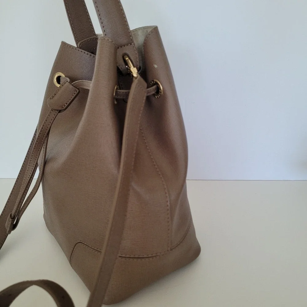 Furla Stacy Saffiano Leather Bucket Bag Taupe Brown Drawstring Crossbody